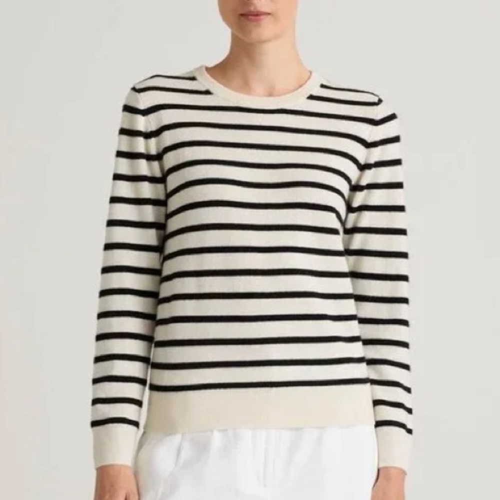 Quince Black and White Striped Crew Neck Sweater